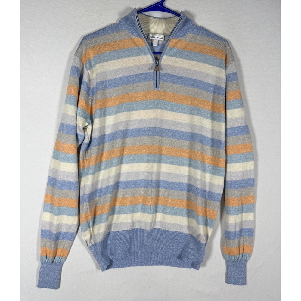 Peter Millar Sweater Mens Medium Striped Merino Wool Linen 1/4 Zip Knit Pullover